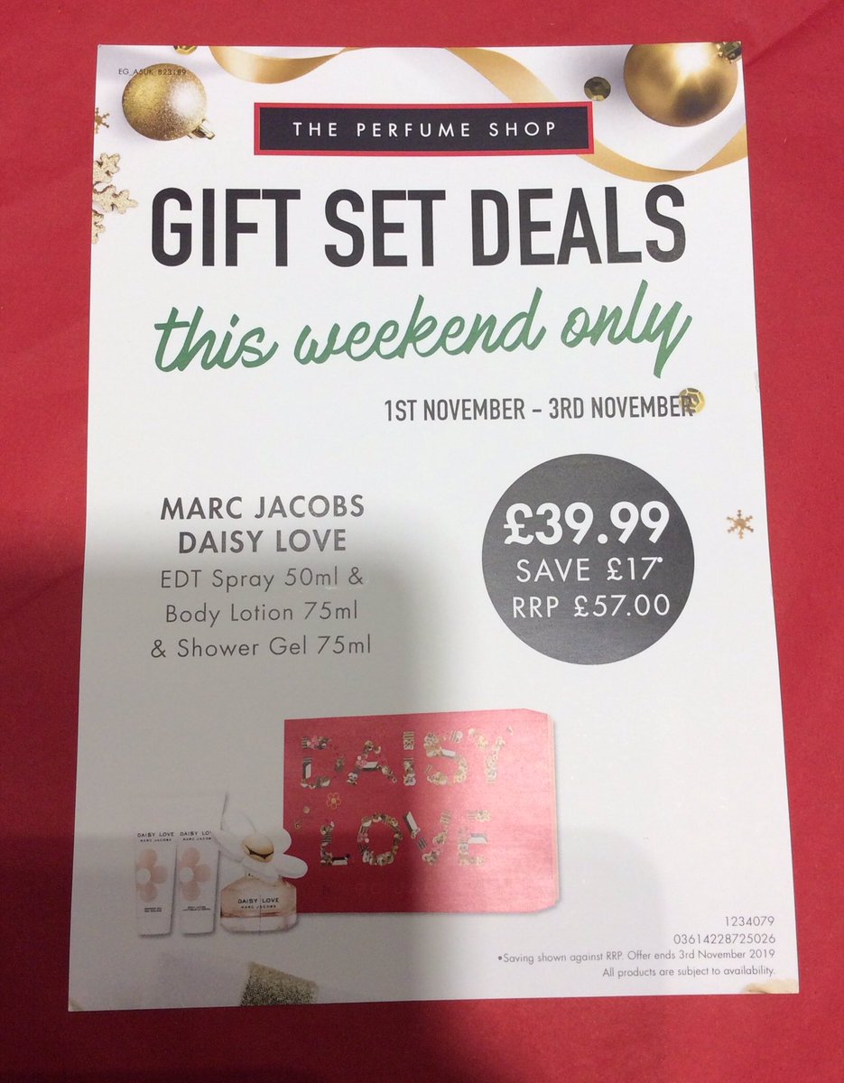 TpsBasildon's tweet photo. ⭐️THIS WEEKEND ONLY⭐️

Marc Jacobs Daisy Love Gift Set £39.99 (rrp £57.00)
Hugo Boss Bottled Gift Set £39.99 (rrp £49.50) 

Hurry before we sell out! 

@BasiIdon @EastgateTweets @kat_warden @michelle_tyson1 @TPSPeople #basildon #eastgate @BasildonCouncil #MarcJacobs #HugoBoss https://t.co/Ytfjv1wTeX