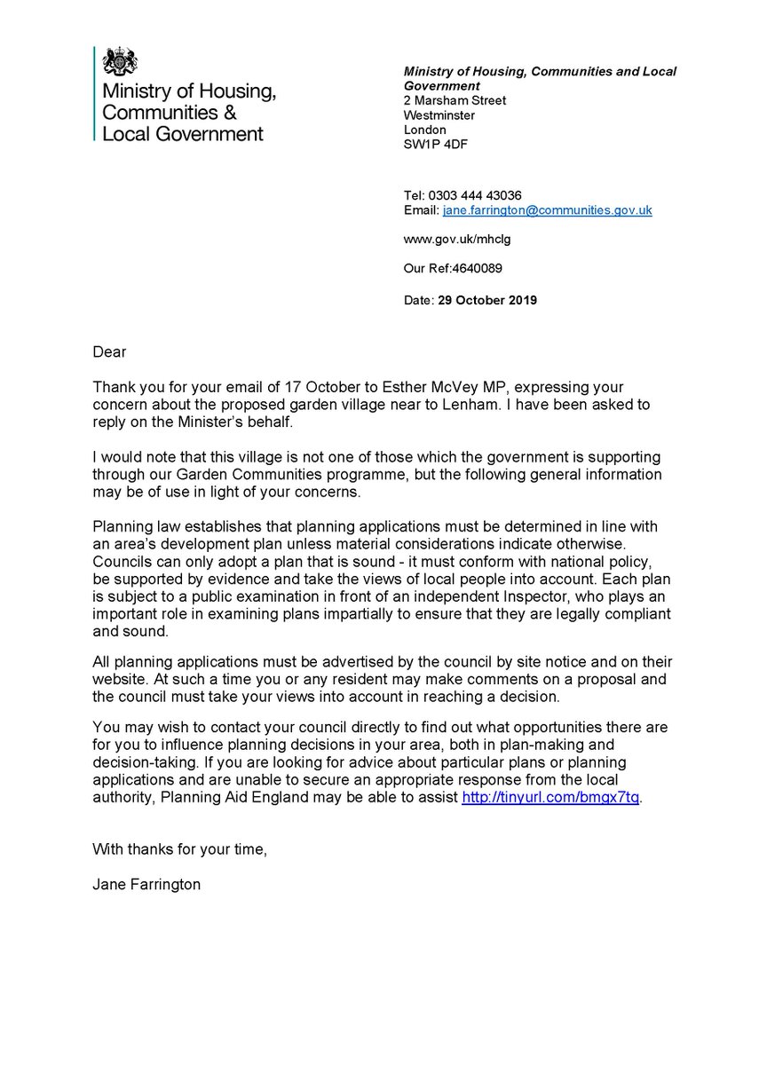 savelenhamheath's tweet photo. Interesting response from Central Government re the plans for a Garden Village in Lenham Heath. https://t.co/K9fIBCofRr
