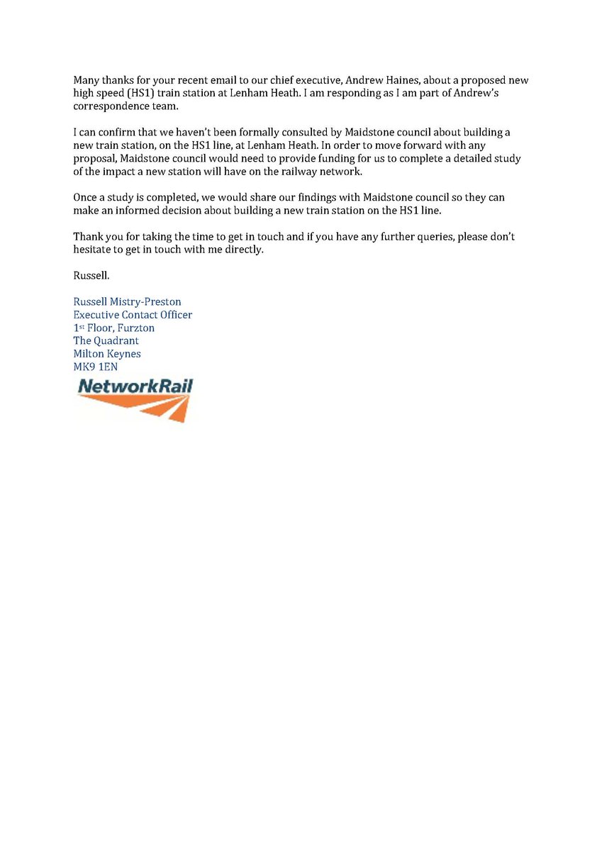 savelenhamheath's tweet photo. Letter from Network Rail - they haven't been approached or consulted on plans for a High Speed station at the planned Lenham Heath Garden Village..... https://t.co/zkMfFjiTV5
