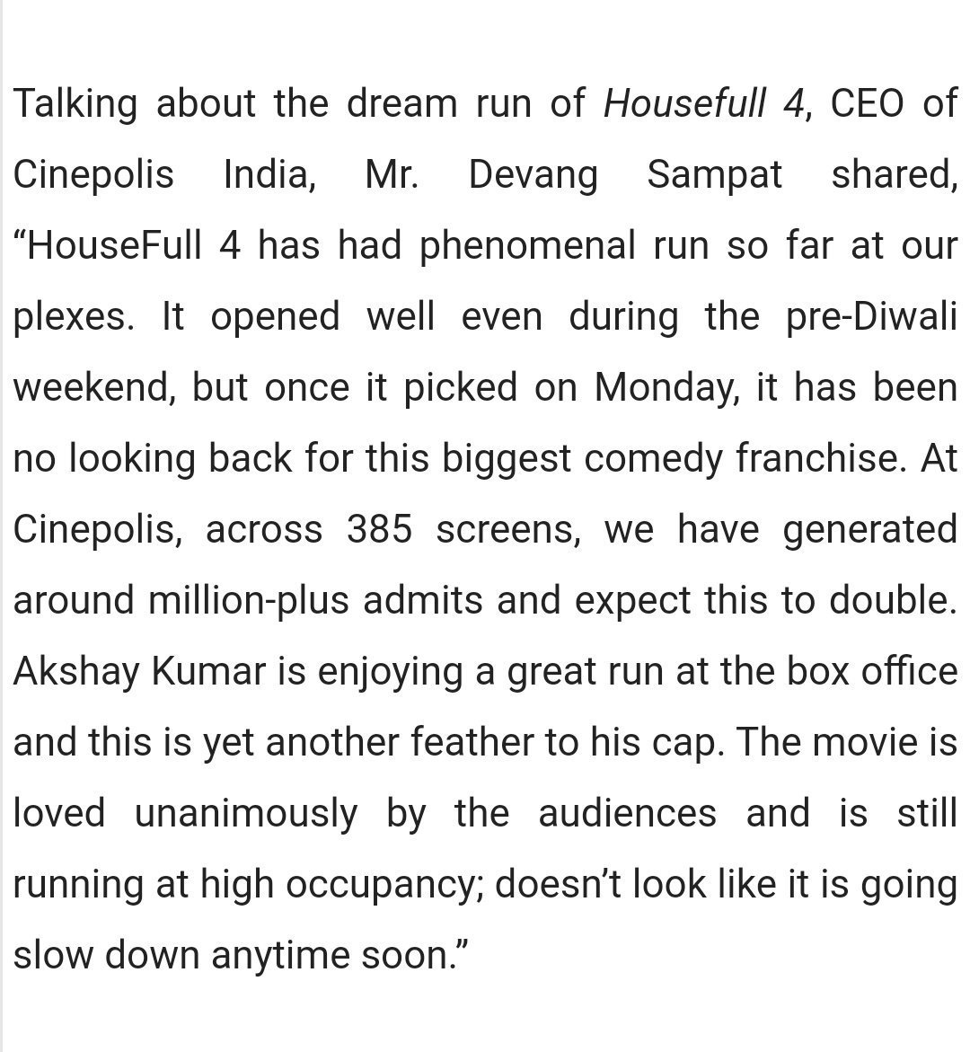PuneAkkians's tweet photo. So after exhibitors, now CEO's of INOX, PVR &amp; Cinepolis said about #Housefull4 huge response at there chains.🔥
All the cinema owners are praising HF4 collections!
Share max.🔥
&amp; throw this statement to haters' &amp; samosa sellers' faces. 🤘
@akshaykumar #Akshaykumar https://t.co/OMG6ijFf4X