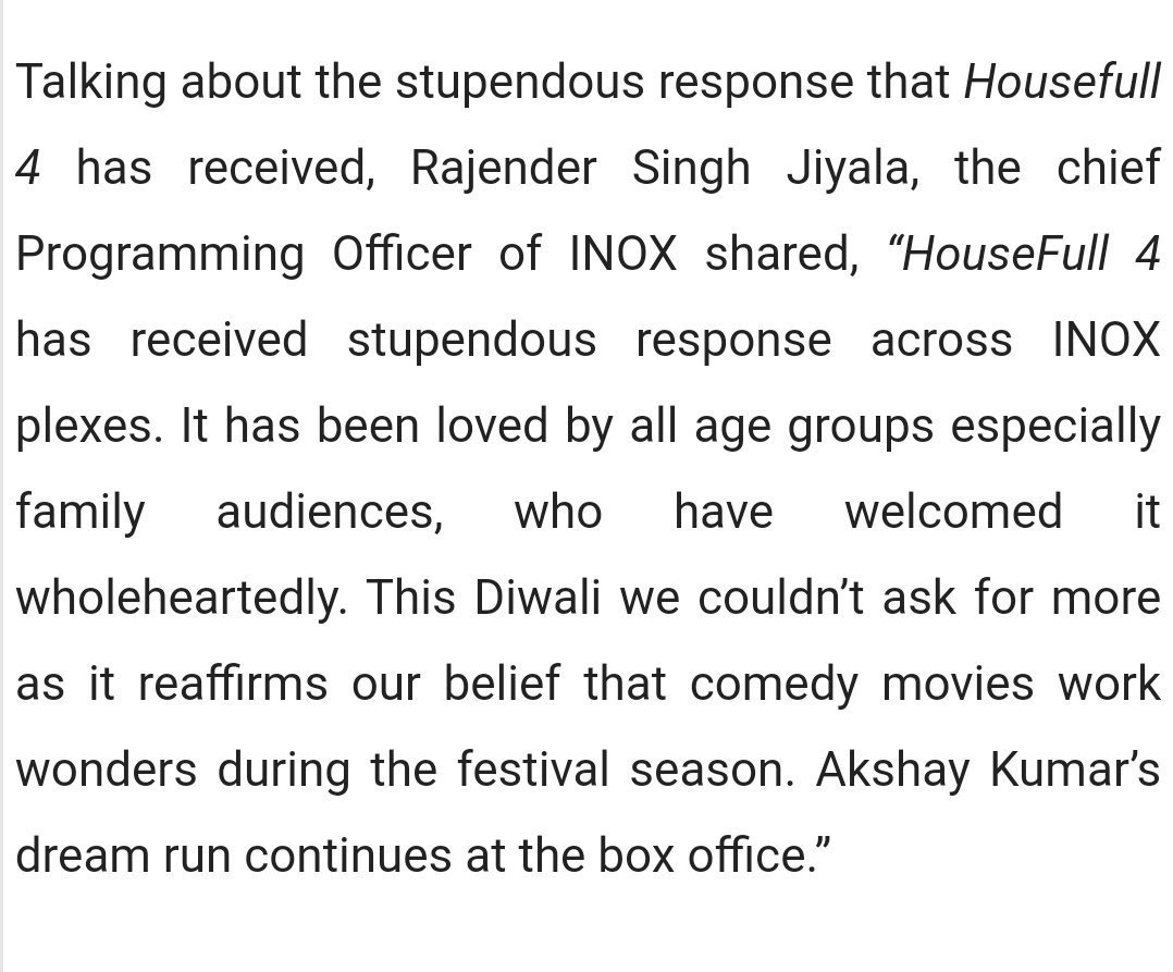 PuneAkkians's tweet photo. So after exhibitors, now CEO's of INOX, PVR &amp; Cinepolis said about #Housefull4 huge response at there chains.🔥
All the cinema owners are praising HF4 collections!
Share max.🔥
&amp; throw this statement to haters' &amp; samosa sellers' faces. 🤘
@akshaykumar #Akshaykumar https://t.co/OMG6ijFf4X
