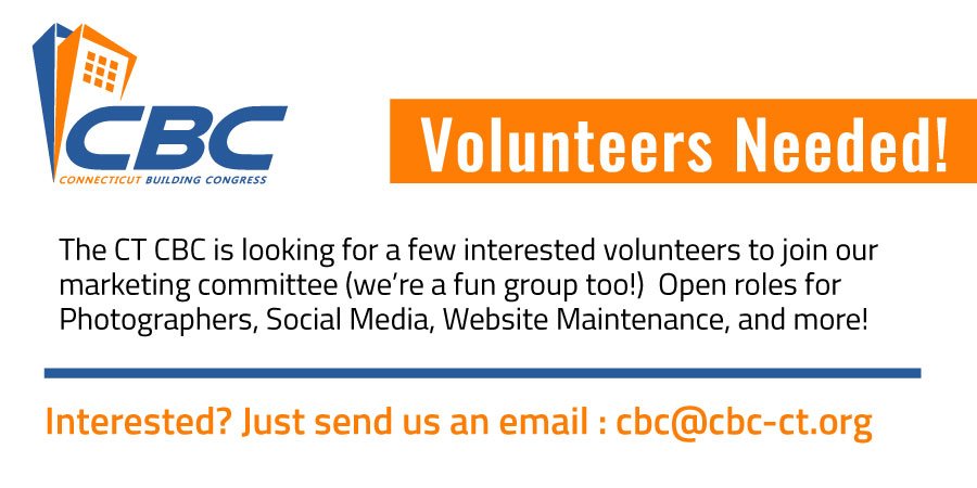 CTBldgCongress's tweet photo. Looking for a volunteer opportunity in the #AEC industry?  Check out the CT CBC, we have several roles available on our Marketing Committee.  Get involved in the industry, meet new people and have some fun!  Email or DM us for more information #CBC #Volunteer https://t.co/9UNibfh6m7