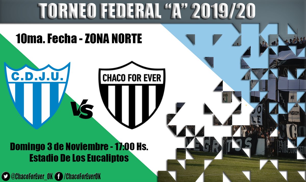 #TorneoFederalA ⚽

 Juventud Unida (Gualeguaychú) 🆚 Chaco For Ever

📅 Domingo 3 de Noviembre
⏰ 17:00 Hs.
🏟 Estadio De Los Eucaliptos