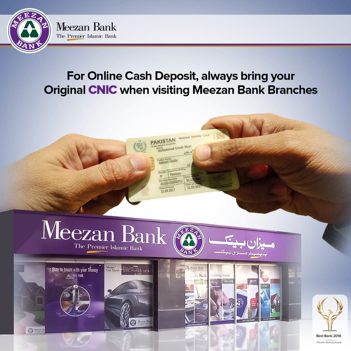 MeezanBankLtd's tweet photo. As part of our customer service, please be informed that it is necessary to bring your original CNIC when you visit any Meezan Bank branch for online cash deposit.
#MeezanBank #IslamicBanking #IslamicFinance #BestBank #CustomerService #ConsumerFinancialProtectionFramework https://t.co/0XPhZnWP8w