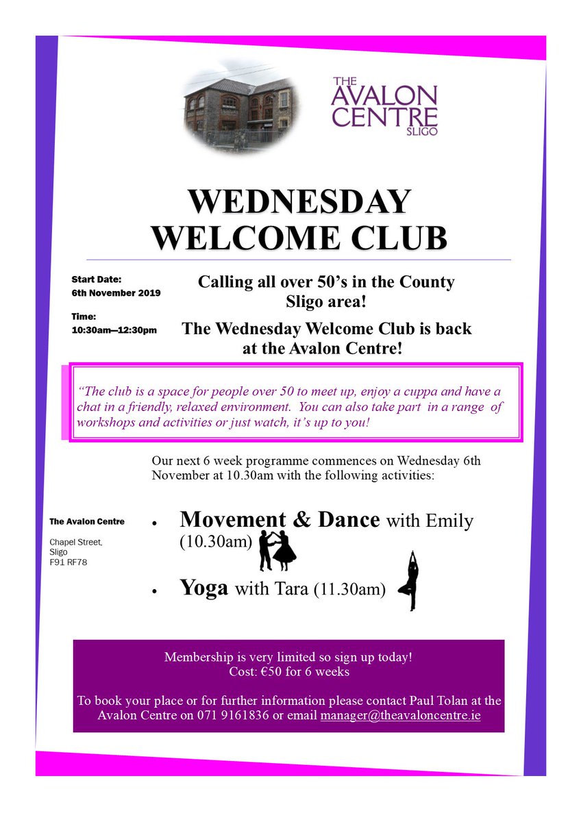 centre_avalon's tweet photo. WEDNESDAY WELCOME CLUB - NEW PROGRAMME!
Check out the poster below for our brand new 6 week programme starting the 6th November. Book your place now as places are very limited! @sligohub1 @SligosBuzzin https://t.co/a3a7k0aLfs