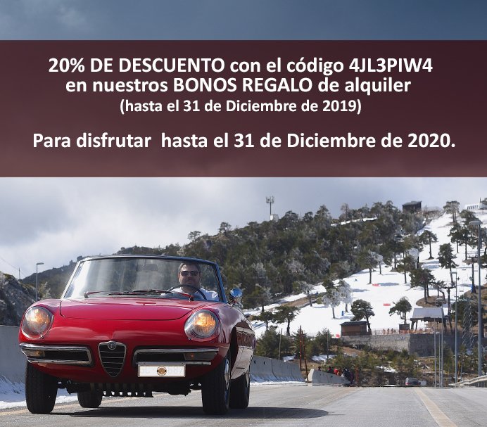 Promoción invernal hasta el 31/12/2019 con un 20% de descuento en nuestras tarjetas regalo de alquiler para disfrutar hasta 31/12/2020. 
stsalquilercochesclasicos.com/tarjeta-regalo/
Utilice el código 4JL3PIW4 al contratar nuestras tarjetas regalo #alquilercochesclasicos #bodas