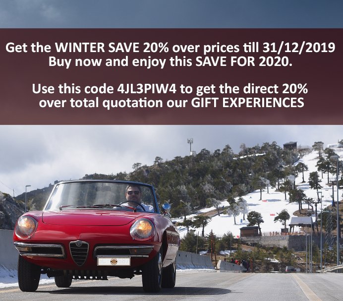 Get the Winter Save 20% over prices shown at the Internet till 31/12/2019. Buy now and enjoy this save for 2020.  
stsalquilercochesclasicos.com/gift-experienc…
Use this code 4JL3PIW4 to get the direct 20% over total quotation or gift experiences.
 #classicCarHire