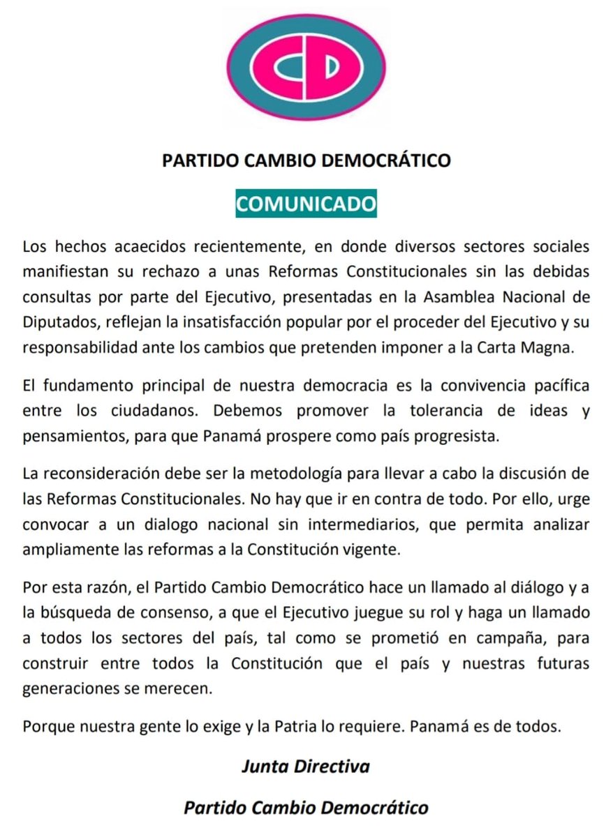 gisellejurado's tweet photo. Comunicado de @CaDemocratico a nuestra membresía y a todo el país @romuloroux #PRESIDENTECD #Panama https://t.co/cz1n2ZYMUU