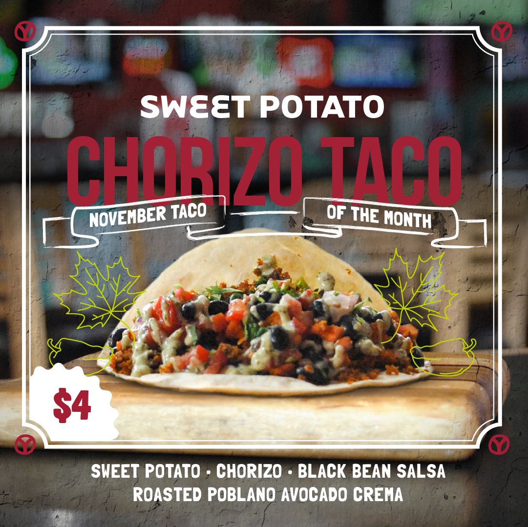 If fall could be captured in a taco it would be our November taco of the month.
Sweet potato, chorizo, black bean salsa and a roasted poblano avocado crema is a flavor combination that screams, "It's 🍁fall y'all🍁"