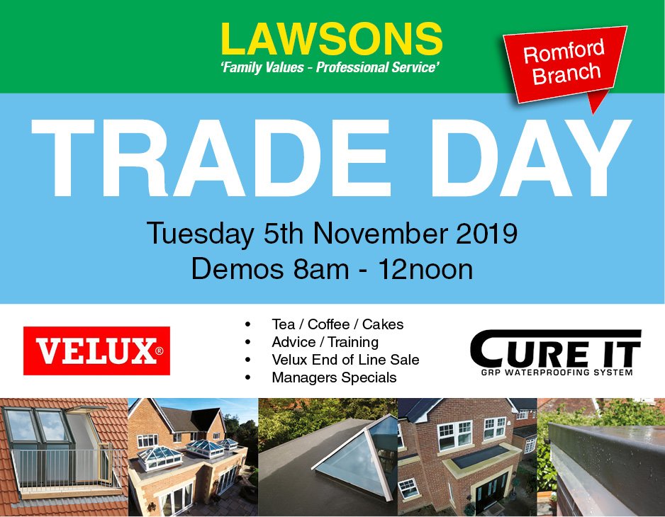 LawsonsUK's tweet photo. Only 4 days to go till our Trade Day at our Romford Branch on the 5th November!
       
Visit us for training and demos from @CureItGRP, exclusive @VELUX of season sale, managers special deals and lets not forget the FREE yummy cakes!
 
#Lawsonsuk #Tradeday #velux #cureitgrp https://t.co/UYDJhU8tbi