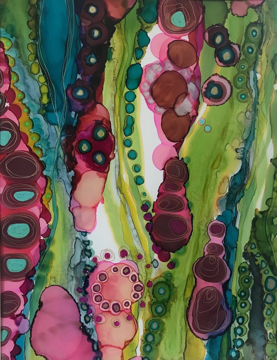 Modern &amp; unique stained glass works paired with new alcohol ink paintings fill resident artists (a father/daughter team) Laura McGann &amp; Peter Grandy's studio this year. <a href="/groundedplace/">Laura McGann</a> #localart #thisweekend #alcoholink #HollistonMillOpenStudios #stainedglass #HMOS2019 #Holliston