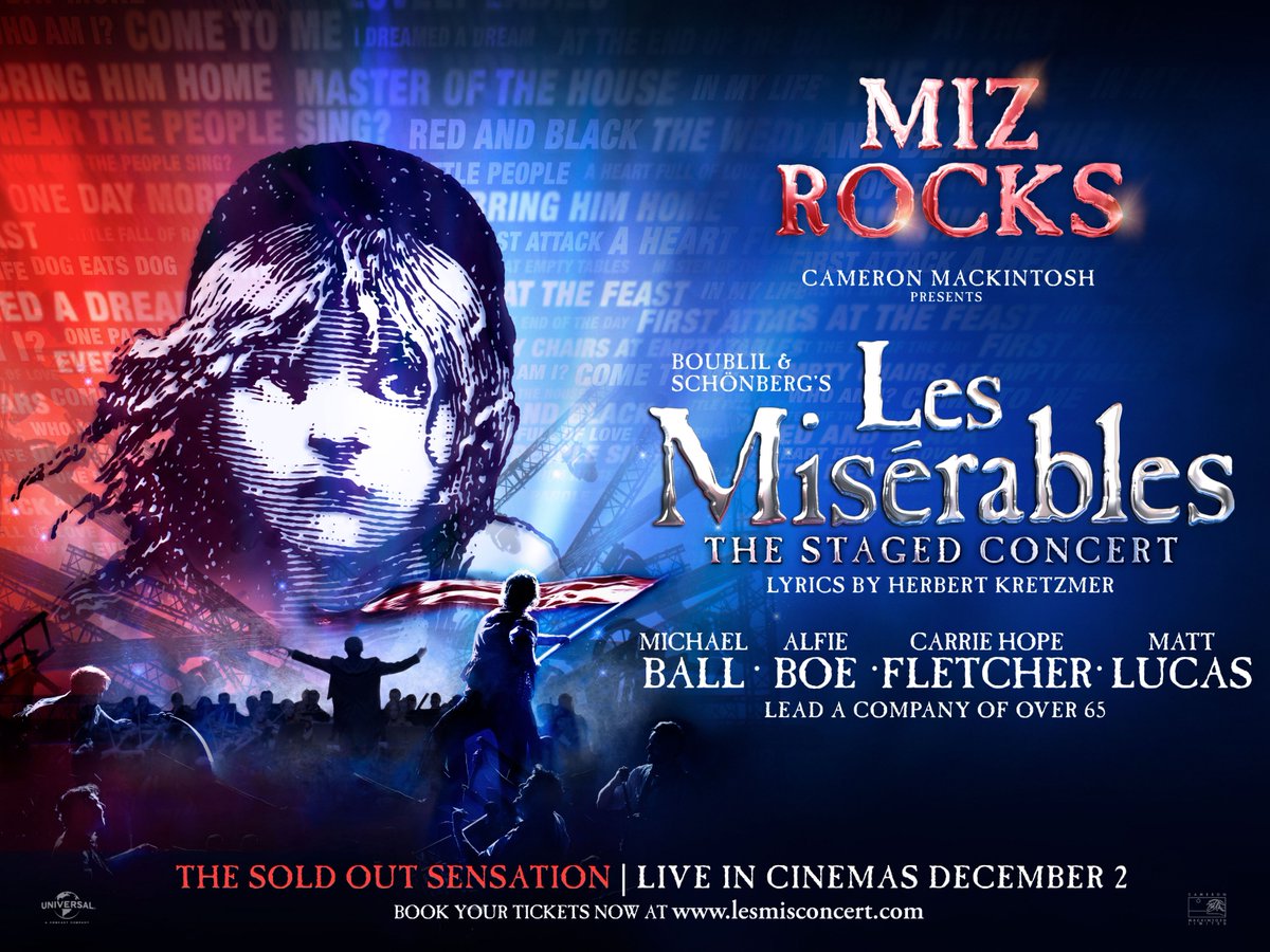 Cameron Mackintosh’s spectacular sell-out staged concert version of Boublil &amp; Schönberg’s legendary musical, #LesMizConcert will be broadcast live in cinemas across the UK, Ireland and the United States on 2 Dec 2019 from the Gielgud Theatre: lesmisconcert.com  #LesMizRocks