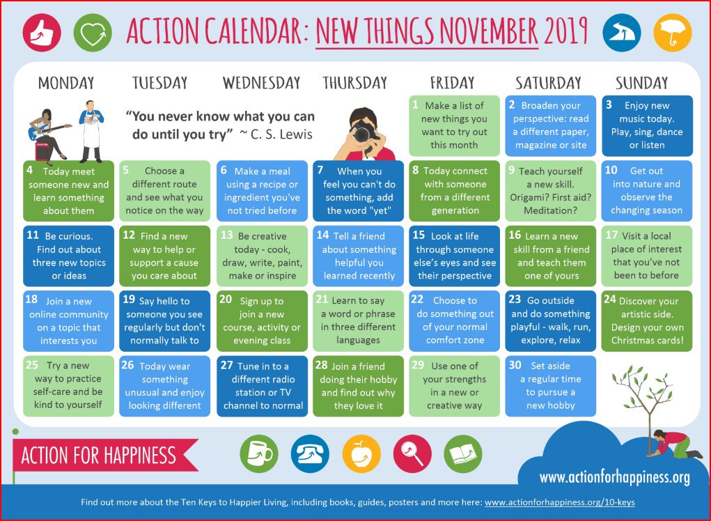 Daily actions to help you enjoy new things and keep learning in November 2019. Have fun this November following the #ActionforHappiness calendar. Click the link to download the calendar: actionforhappiness.org/calendars