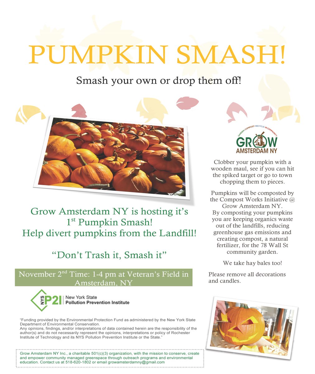 ScnctdyRecycles's tweet photo. Have jack-o'-lanterns from Halloween?  Be sure to leave them outdoors for animals, or put them in your compost pile!  Alternatively, bring them to a pumpkin smash like the ones being held at The Radix Center on 11/9 or Veteran's Field on 11/2 hosted by Grow Amsterdam NY. https://t.co/nhqItqf9X7