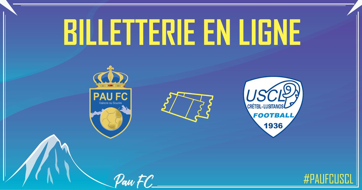 PauFootballClub's tweet photo. La billetterie en ligne est arrivée !
Désormais, vous pouvez réserver vos billets en ligne avant la rencontre : pour le match de ce soir, direction https://t.co/cZD2wqInLs !
Rendez-vous ce soir à 18h pour cette rencontre face à l'@uscl_football !
Allez le Pau FC !
#PAUFCUSCL https://t.co/dpx7B5W60V