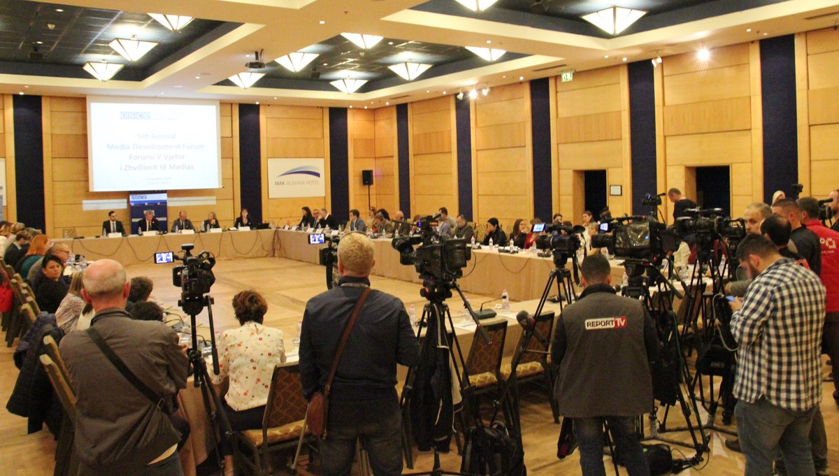 OSCEinAlbania's tweet photo. A unique place to discuss current #media issues in #Albania – the #OSCE Presence organized today its fifth annual #MediaDevelopmentForum. Media and #CivilSociety play a crucial role in monitoring and regulating #democracy. https://t.co/uSxKJZoBd3