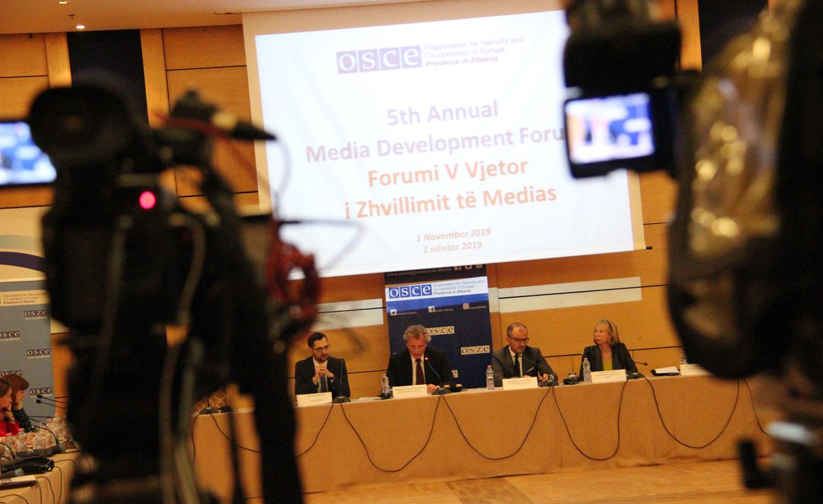 OSCEinAlbania's tweet photo. A unique place to discuss current #media issues in #Albania – the #OSCE Presence organized today its fifth annual #MediaDevelopmentForum. Media and #CivilSociety play a crucial role in monitoring and regulating #democracy. https://t.co/uSxKJZoBd3