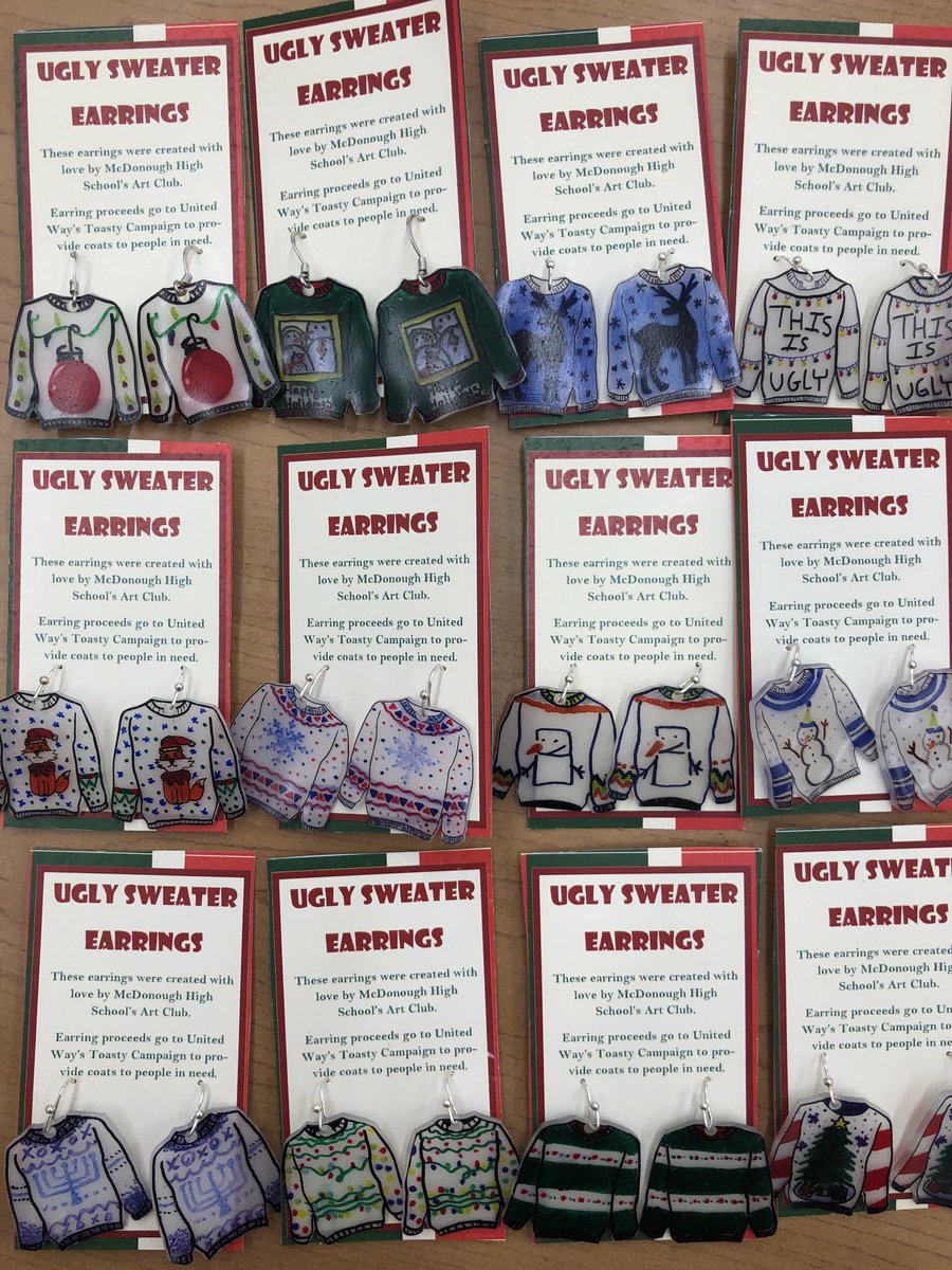 KirbyMeng's tweet image. OMG! These are so great! McDonough High School art students at it again! Student made Ugly Sweater earrings will be on sale at Story on the Square to raise money for winter coats for students and families. #BettrTogether #artsedga #HC_FineArts #MHS #uglysweaters