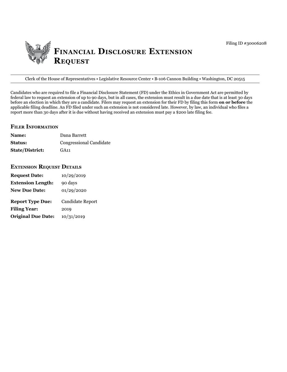 CATargetBot's tweet image. NEW HOUSE CAND FINANCIAL DISCLOSURE
EXTENSION REQUEST
Dana Barrett
#GA11
clerk.house.gov/public_disc/fi…