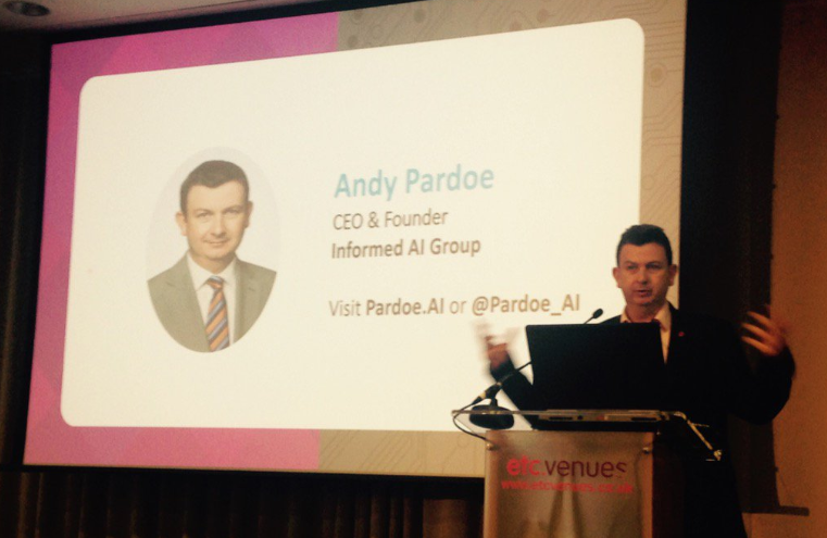 CrowdWeek's tweet photo. "This is a Golden Age for #AI" said Andy Pardoe of the @Informed_AI Group at the start of yesterday's #Robotics and #AI Conference in London UK, and he encourages all organisations to get #intoAI https://t.co/hqdkfwNlmZ
