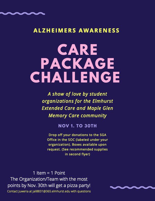 ElmhurstSGA's tweet photo. Join us in raising awareness for Alzheimer’s with the Care Package Challenge!! Every person has a chance to get involved and help out!! https://t.co/KCjh2KZoa9