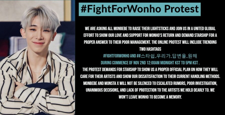 kihyunsnena's tweet photo. GLOBAL MBB PROTEST 11/2 12:00AM KST 
Please join as we demand starship to take proper action and for wonho's return. pls read carefully below and join to create a change within this injustice
Monsta X needs you now more than ever.
#FightForWonho #스타쉽_우리가_답변을_원해 https://t.co/HVnYdpwKpF