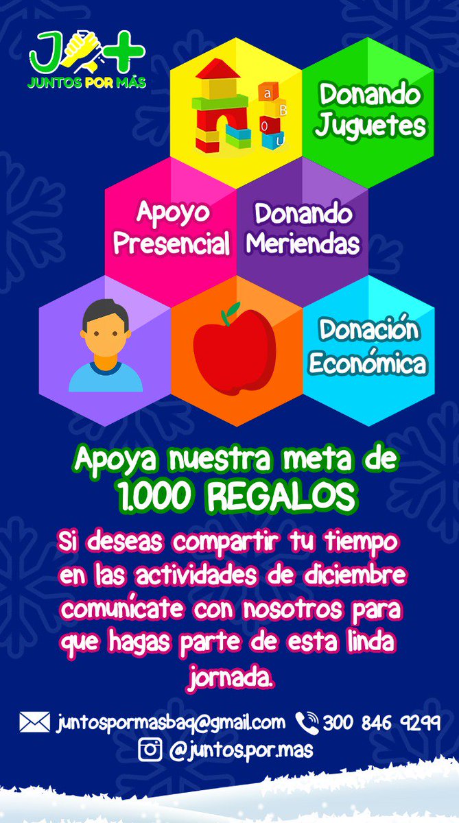 Juntospormasbq's tweet photo. ¡Este año vamos Juntos por 1.000 Sonrisas! 😀💙💚
Si deseas vinculante a esta actividad contáctanos, estamos esperando por ti para juntos llevarle alegría a Mil niños en esta Navidad.⛄🎄🎁
#juntosxmas #barranquilla #serviciosocial #navidad #regalos #infanciafeliz #milsonrisas https://t.co/2TCy0asAdR