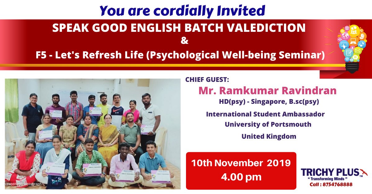TrichyPlusindia's tweet photo. The students complete a six - week programm of "SPEAK GOOD ENGLISH" with a Public Speaking  Event. For amateur Speakers it is the highlight of learning English and displaying their oratorical skills.

#speakgoodenglish #spokenenglish #speaking #writing #reading https://t.co/Okmv6m2wlO
