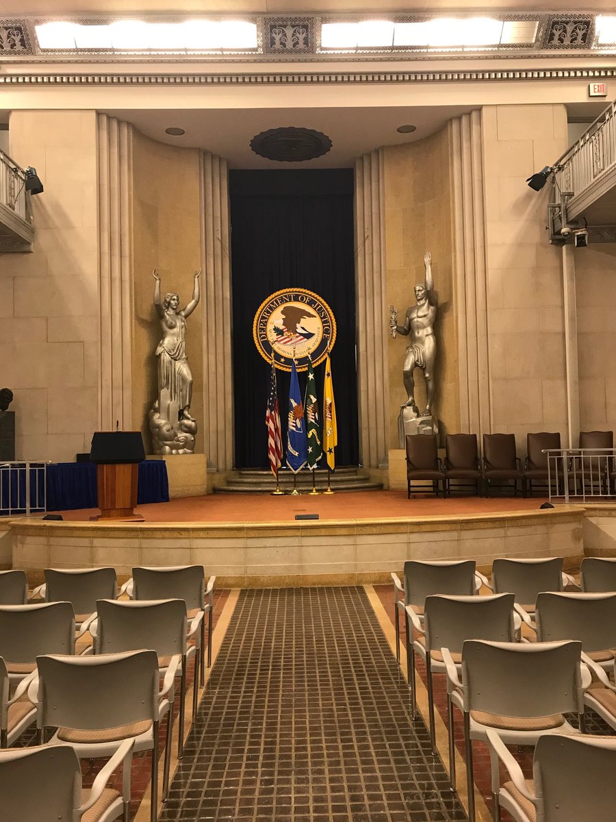 USAGlassman's tweet photo. Two photos from the RFK Main Justice building in D.C. One is the Great Hall. The statues in the front represent the Majesty and Spirit of Justice (created in the 1930s for that space). The other is the interior courtyard. Latin words on the wall pair privilege &amp; obligation. https://t.co/NlEXTVSM0j