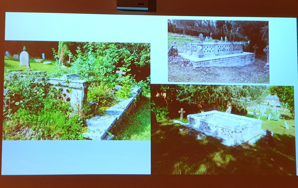NFKnowledge's tweet photo. Frank Green @NewForestArch recent retiree steps up to talk about #NewForest churches & churchyards from Saxon onwards at #NFKnowledge2019. Inc recent conservation projects thanks to @HeritageFundUK. Someone did well on set dressing for Frank with #BrusherMills headstone in front https://t.co/1VHy5oncp9