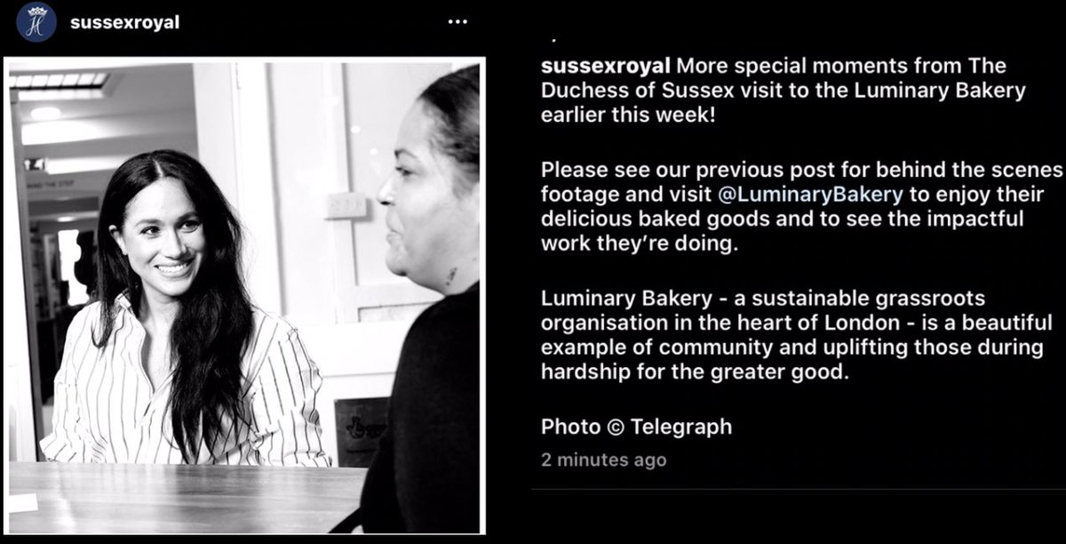 MyDukeandI1's tweet image. #SussexRoyal IG post The #DuchessofSussex special visit to the #LuminaryBakery
