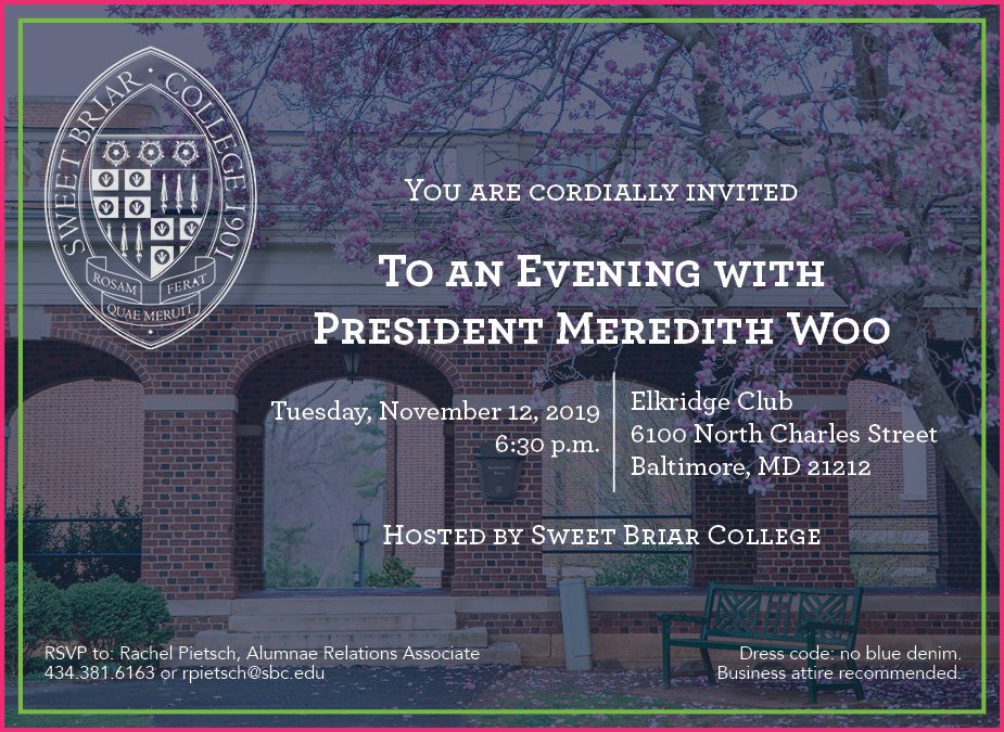 sbcalumnae's tweet photo. Holla Holla! @SweetBriaredu #Alumnae in the Baltimore area, join #SweetBriar President Woo NOV 12, 6:30pm
Upcoming events:
NOV 13 | Williamsburg
NOV 14 | Norfolk
NOV 20 | Philadelphia
NOV 21 | Bethesda, w/ Dean @teresaagarrett
RSVP/More info: Rachel Pietsch - rpietsch@sbc.edu https://t.co/og5l4IbAgN
