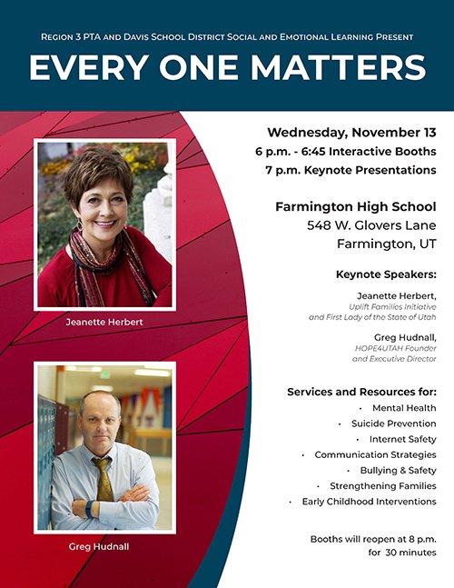 DavisSchools's tweet image. Save the date! Join us from 6-8:30 p.m., Nov. 13, at Farmington High School for resources on mental health, suicide prevention, internet safety and more. The evening features Utah First Lady Jeanette Herbert and Greg Hudnall.