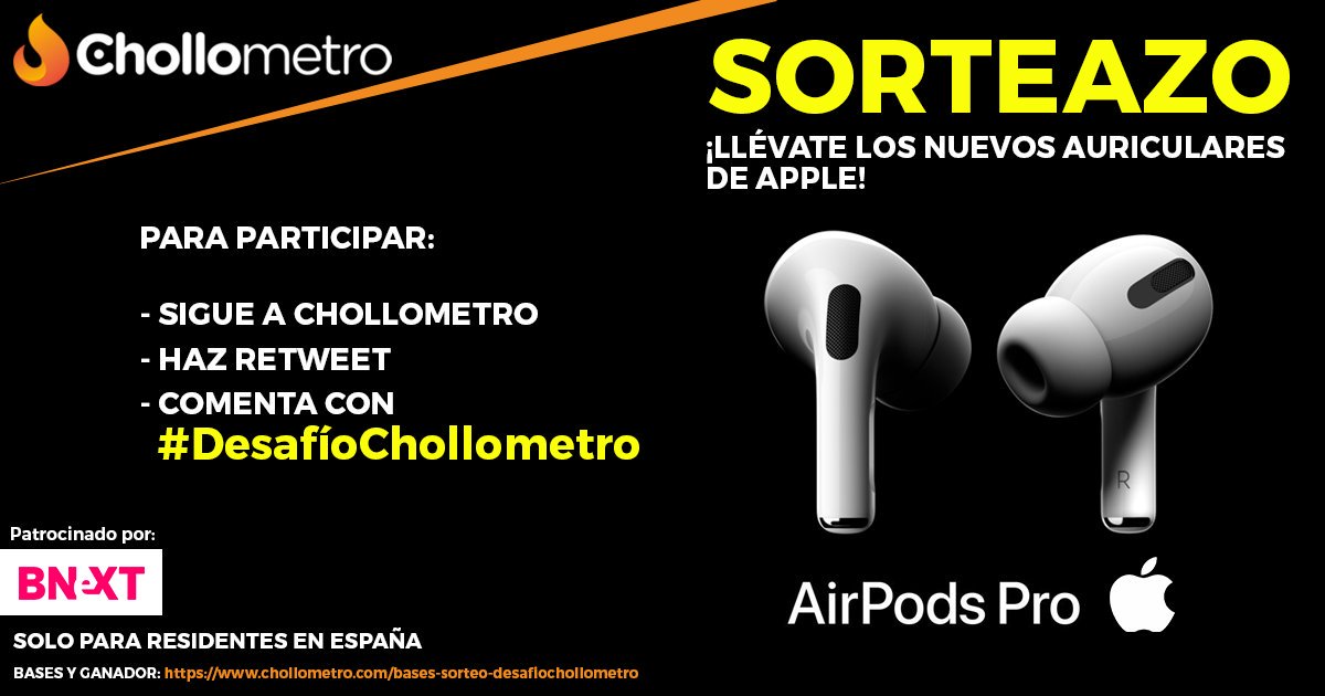 💪💪SORTEAZO!💪💪
Participa y llévate los nuevos AirPods Pro de Apple por la patilla gracias a Chollometro y a Bnext!

➡️ Sigue a Chollometro
➡️ Haz Retweet
➡️ Comenta con #DesafíoChollometro . Cuantas más veces comentes más posibilidades tienes de ganar!