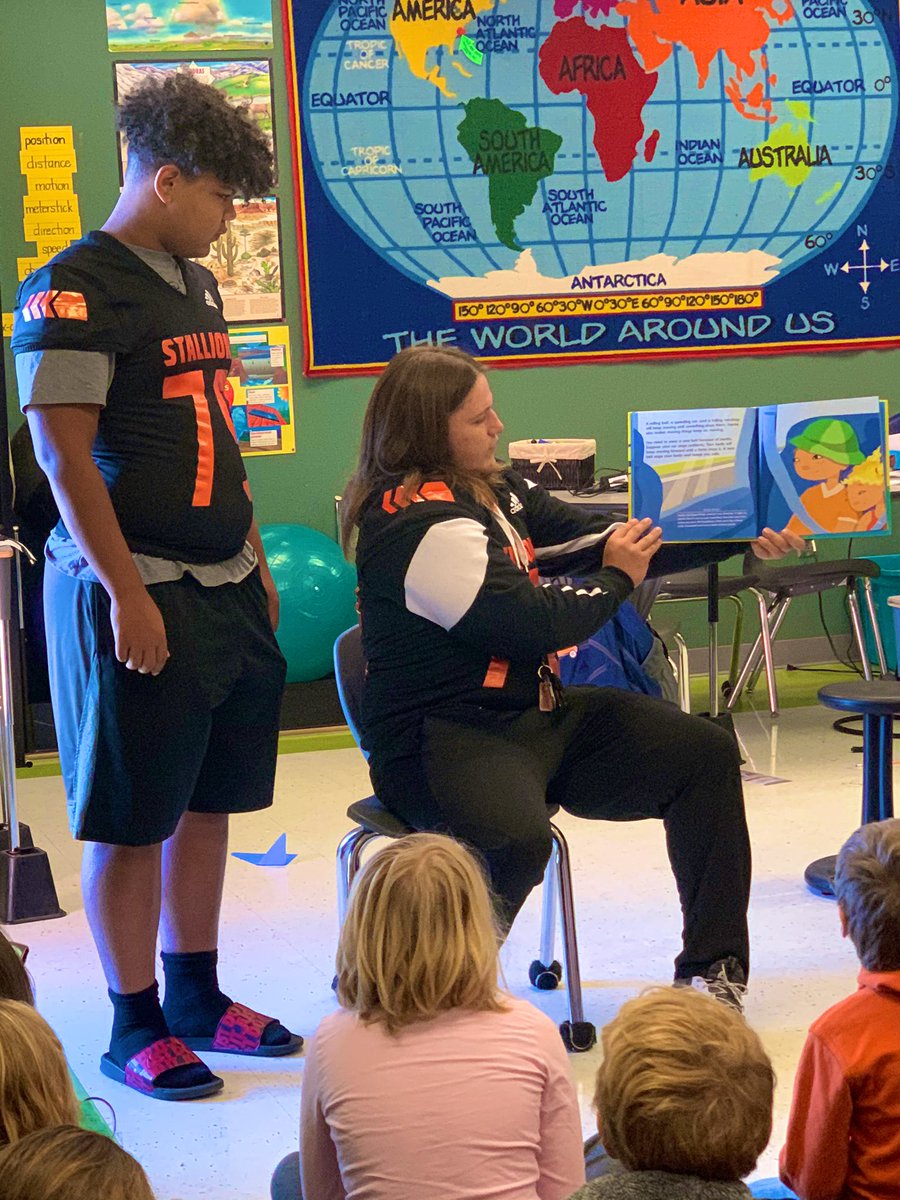 Steph_teaches's tweet photo. Just a little reading time &amp; Force &amp; Motion talk with the football players! The kids look up to them so much!! @SWOnslow @MVEMustang https://t.co/PJps9Sc63c