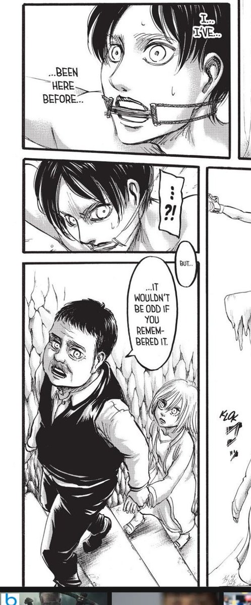 Theory time!If a human or a titan eat a titan shifter, they gain some of their memories. This could be where Eren& #39;s black-haired girl flashback came from!And it could be why he remembers this place...
