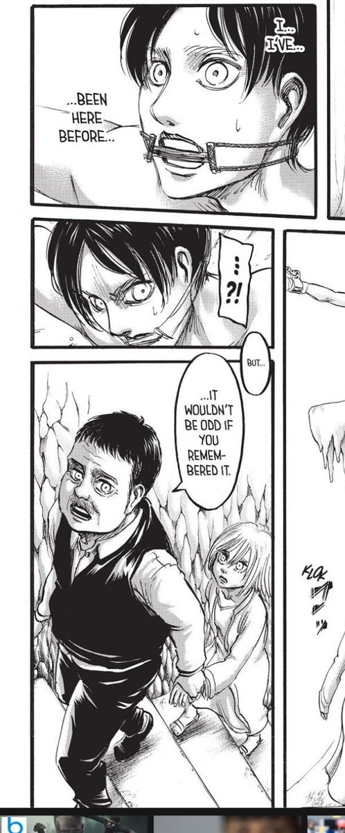 Theory time!If a human or a titan eat a titan shifter, they gain some of their memories. This could be where Eren's black-haired girl flashback came from!And it could be why he remembers this place...