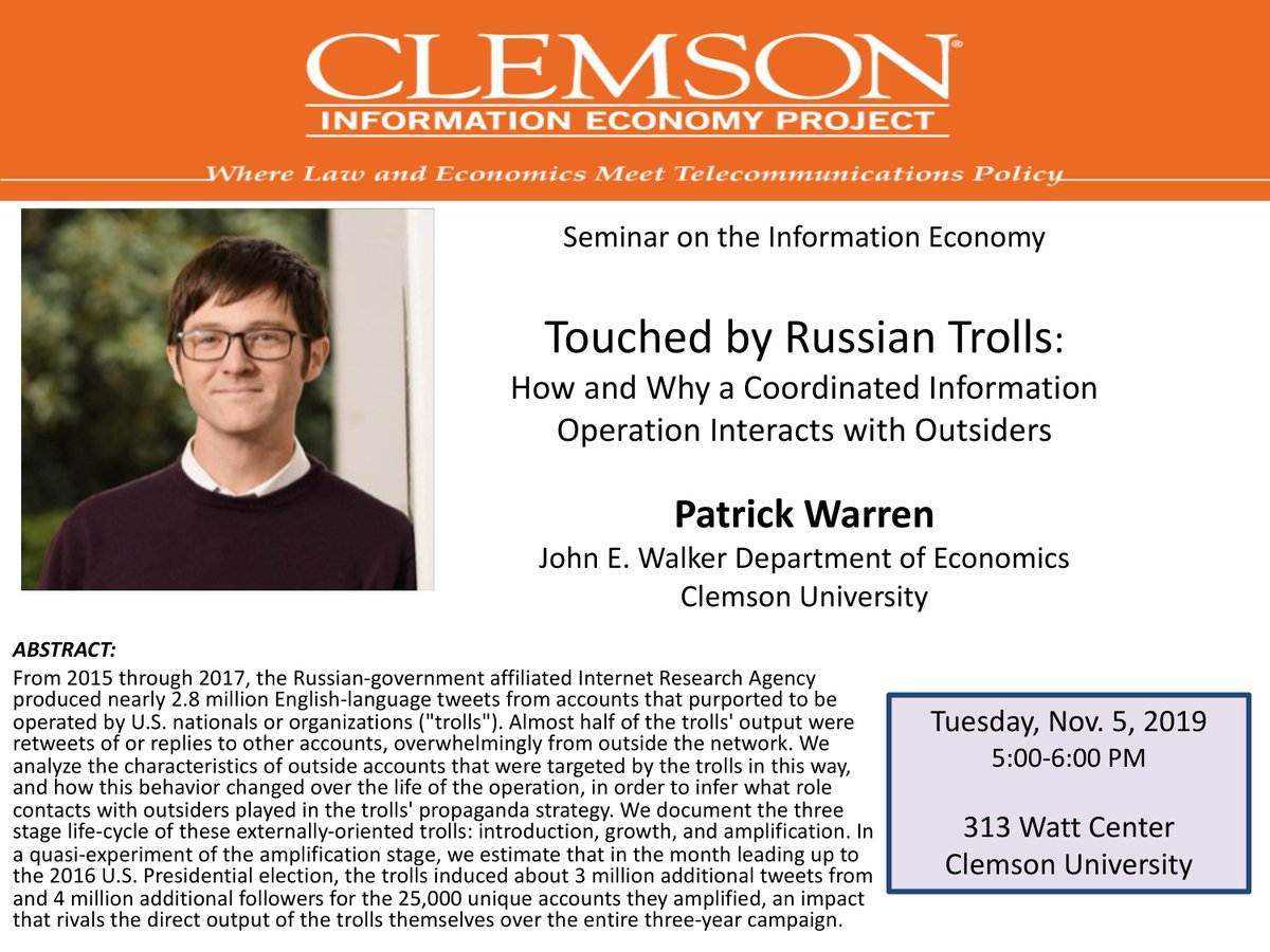 Come see Professor Warren speak on the three stage life-cycle of Russian Trolls through the 2016 election!

November 5th from 5-6pm in Watt 313.