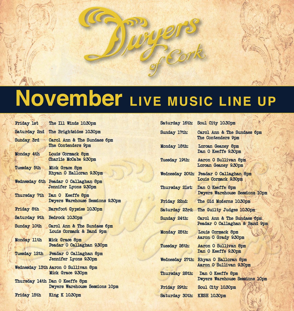 DwyersOfCork's tweet photo. No let up in our entertainment for November, 50 gigs for you to enjoy 😊🙌#livemusic #purecork #winternights https://t.co/hklxh6t2Yh