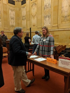 UWMadSocialWork's tweet photo. .@kristen_slack talks to Rep. Patrick Snyder, Chair of the Assembly Children and Families Committee at 'Office Hours at the Capitol' yesterday--an opportunity for legislators, staff, agency staff, and Governor’s office staff to make connections with faculty at @UWMadison. #WIidea https://t.co/uz8llYrFAR