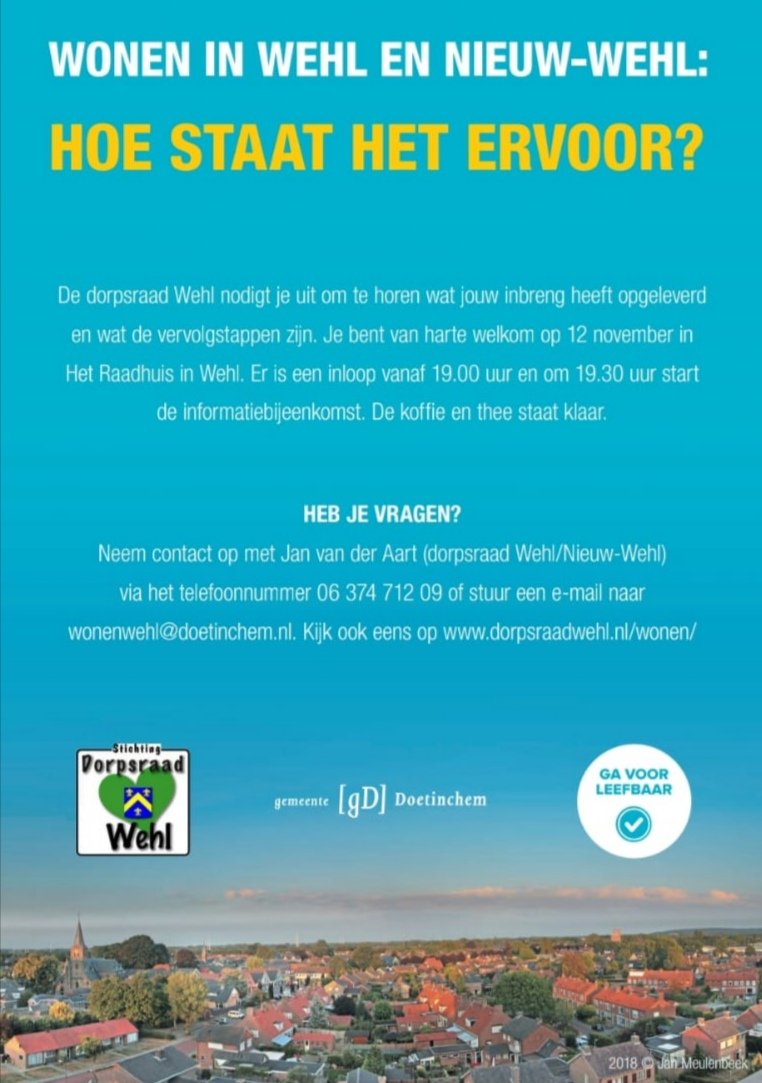 Wonen in Wehl en Nieuw-Wehl,  hoe staat het ervoor?
U komt toch ook naar de informatieavond op 12 november?