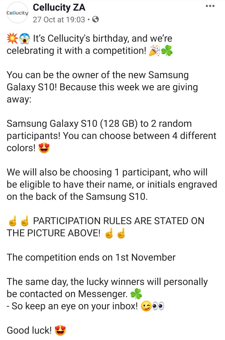 Fake Competition by Scammers <a href="/facebook/">Facebook</a>  We alerted Facebook 24 hours ago &amp; zero action from Zuckerberg"s gang.  It is time for a neutral entity to Police Facebook.  This is NOT a Cellucity competition. Shut the page down Facebook people are losing money!