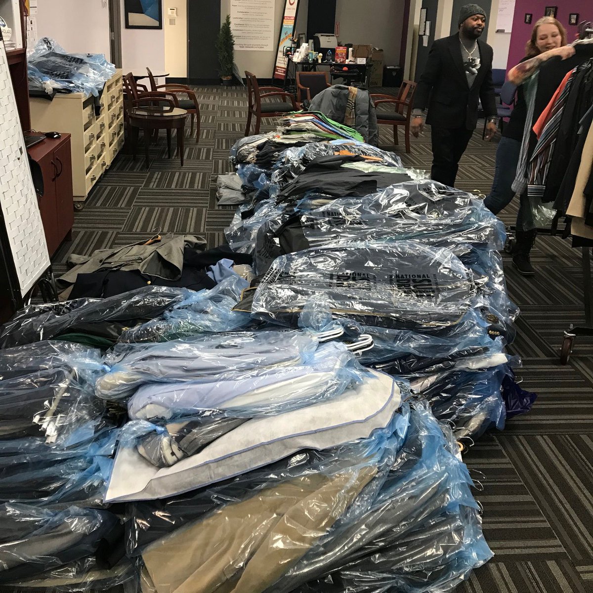Connections1998's tweet photo. We have about 1,500 reasons to celebrate at the Kansas City, MO office! 

Thanks to @menswearhouse for supporting job seekers by donating 18 racks of professional clothing for our free suiting services! 

#interviewready #workforcedevelopment #KC https://t.co/l4BDFCbW7m