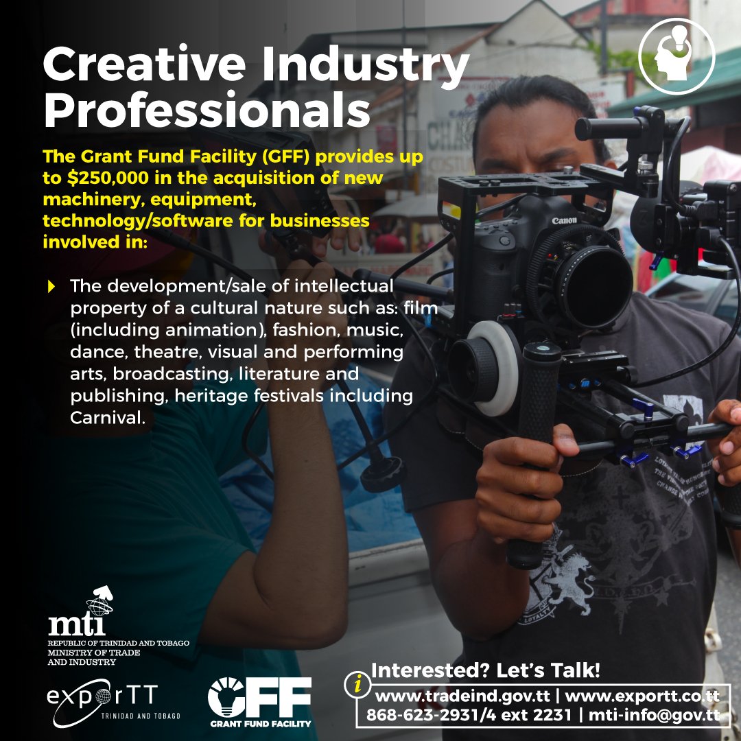 TradeInvTourism's tweet photo. Calling all Creatives!!
#GrantFundFacility #GFF
#GovernmentInitiative
#CreativeIndustry
#Music
#Film
#Fashion
#CreativeTT
#GrantFunding https://t.co/oaZXQLgHc9