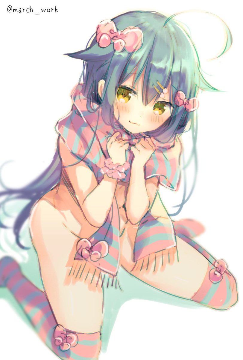 1girl solo scarf long hair thighhighs blush ahoge  illustration images