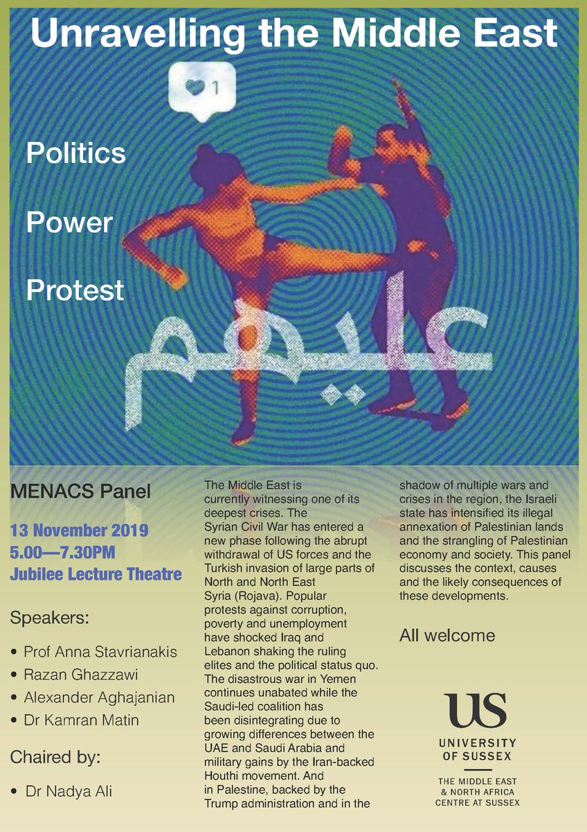 MENACSussex (@menacsussex) on Twitter photo Join us next Wednesday to discuss recent developments in the region. Our wonderful <a href="/SussexUni/">University of Sussex</a> panelists, <a href="/StavrianakisA/">Anna Stavrianakis</a>, @redrazan, <a href="/alex_aghajanian/">Alex Aghajanian</a>, & <a href="/KamranMatin/">Kamran Matin</a>, will lead the discussion from 5PM at the Jubilee Lecture Theatre. All welcome! Join us next Wednesday to discuss recent developments in the region. Our wonderful <a href="/SussexUni/">University of Sussex</a> panelists, <a href="/StavrianakisA/">Anna Stavrianakis</a>, @redrazan, <a href="/alex_aghajanian/">Alex Aghajanian</a>, & <a href="/KamranMatin/">Kamran Matin</a>, will lead the discussion from 5PM at the Jubilee Lecture Theatre. All welcome!