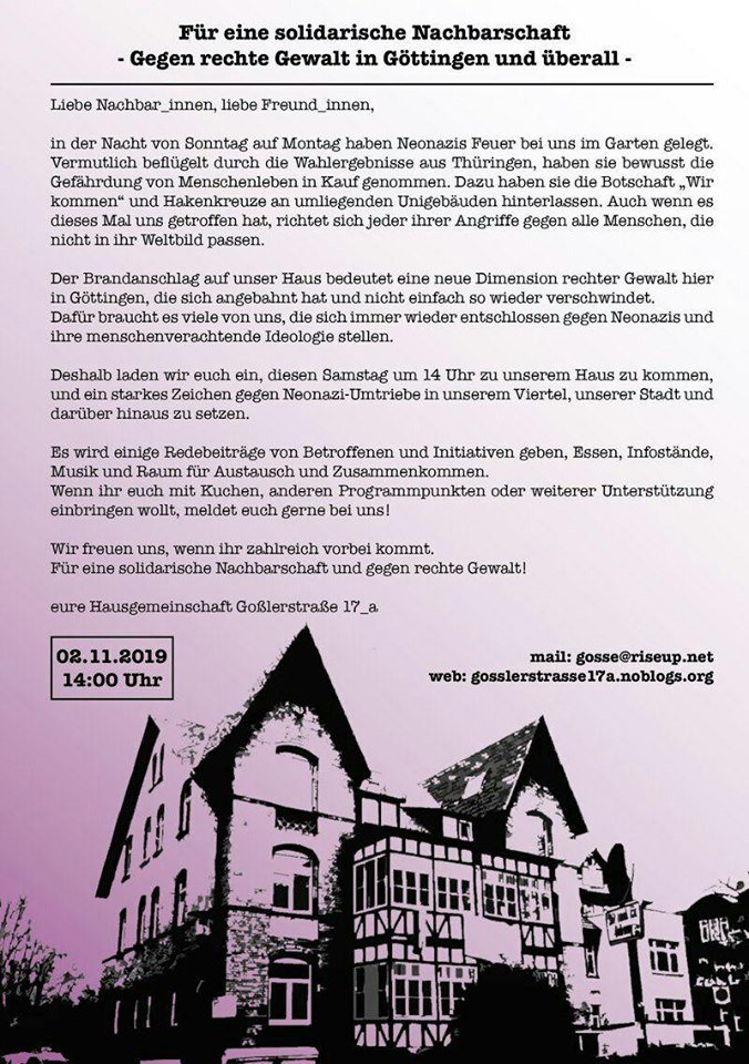 Kundgebung | 2.11. | 14 Uhr | Goßlerstraße 17/17a

Für eine solidarische Nachbarschaft - Gegen rechte Gewalt in Göttingen und überall!