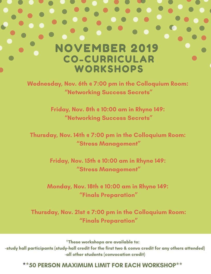 lrlearningcom's tweet image. Happy November!
Check out the November 2019 Co-Curricular workshops!

Reminder: It is the FINAL month for workshops. All Study Hall participants are required to attend 2 or 3 workshops each semester, depending on your team/program.