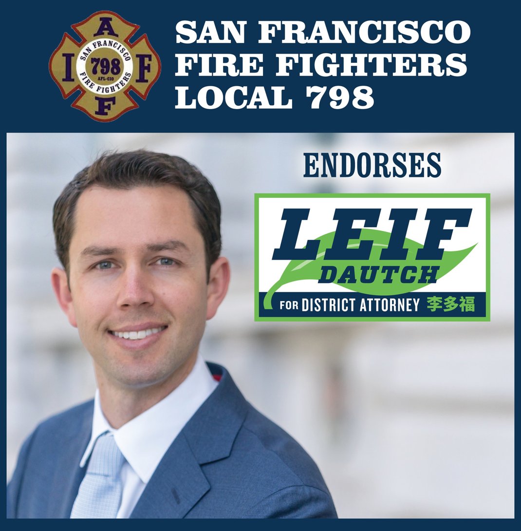 This Tuesday #SF we have critical vote for @SFDAOffice for the safety of our city.  That is why we ENDORSED @Leif4SFDA for DA!  Oh and so do our Brave SF Firefighters Local 798.  VOTE this Tuesday for Leif!  We don't need #StatusQuoSuzy - #Leif #VoteTuesday