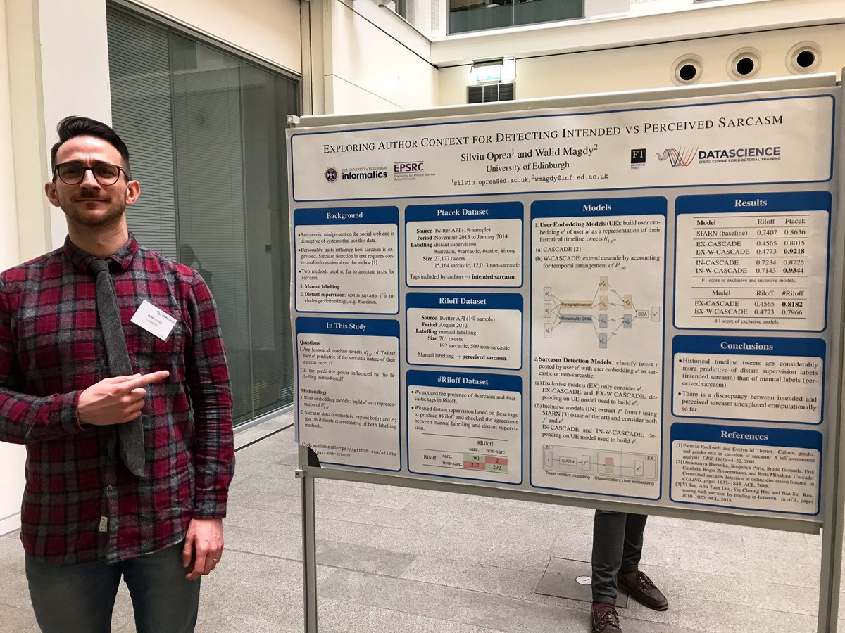 SteveWilsonNLP's tweet photo. .@_silviu_oprea_ presented a poster at #DSRD19 on incorporating user-level information into models for #sarcasm detection in English. Joint work with @walid_magdy that was also presented at #Acl2019Italy https://t.co/EqYLeC5oRw